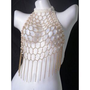 Elegant Chic Rave Club Party Gold Pearl Body Chain Halter Necklace with Fringe